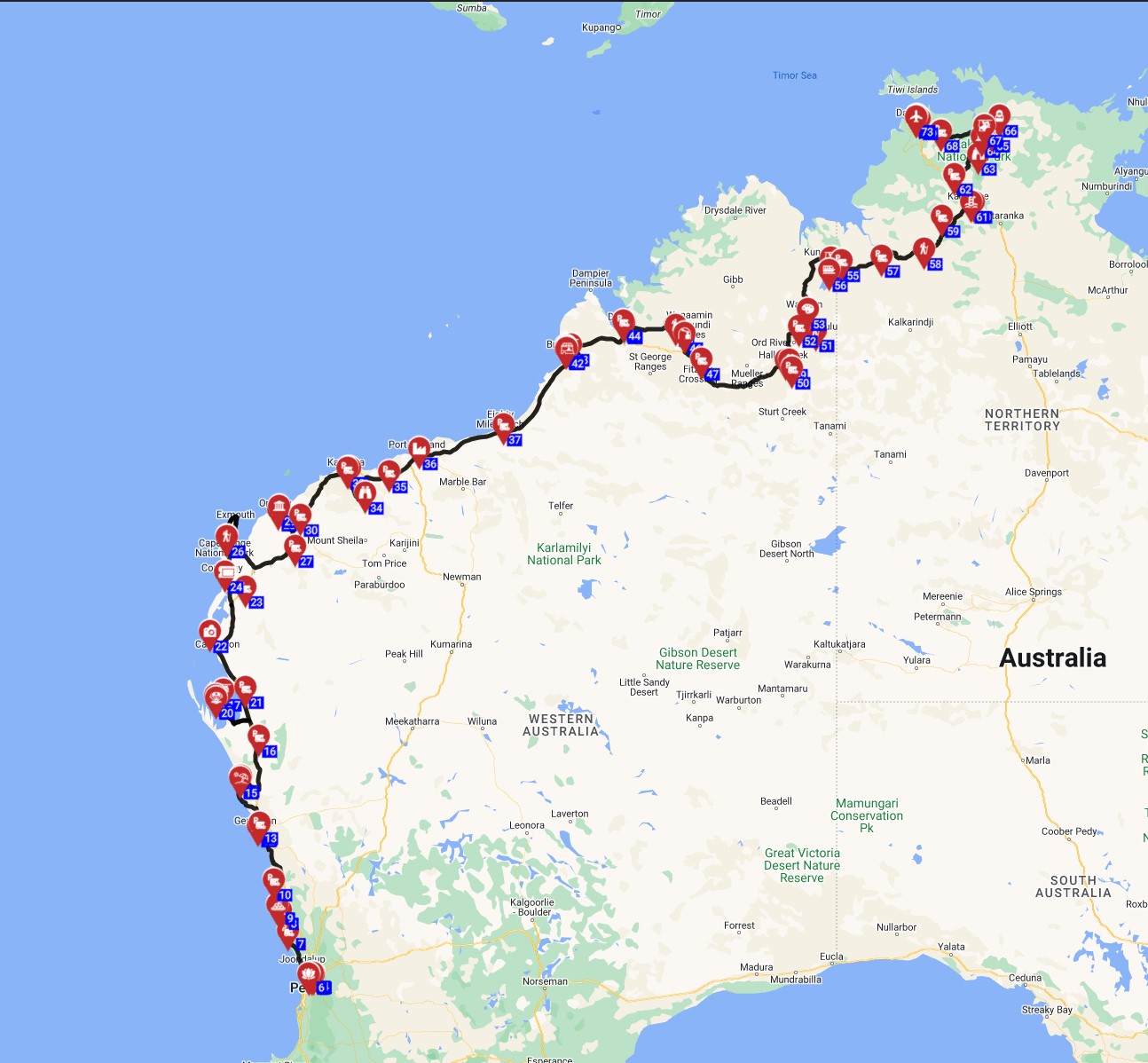 Map for Perth to Darwin - The Kimberley Trail